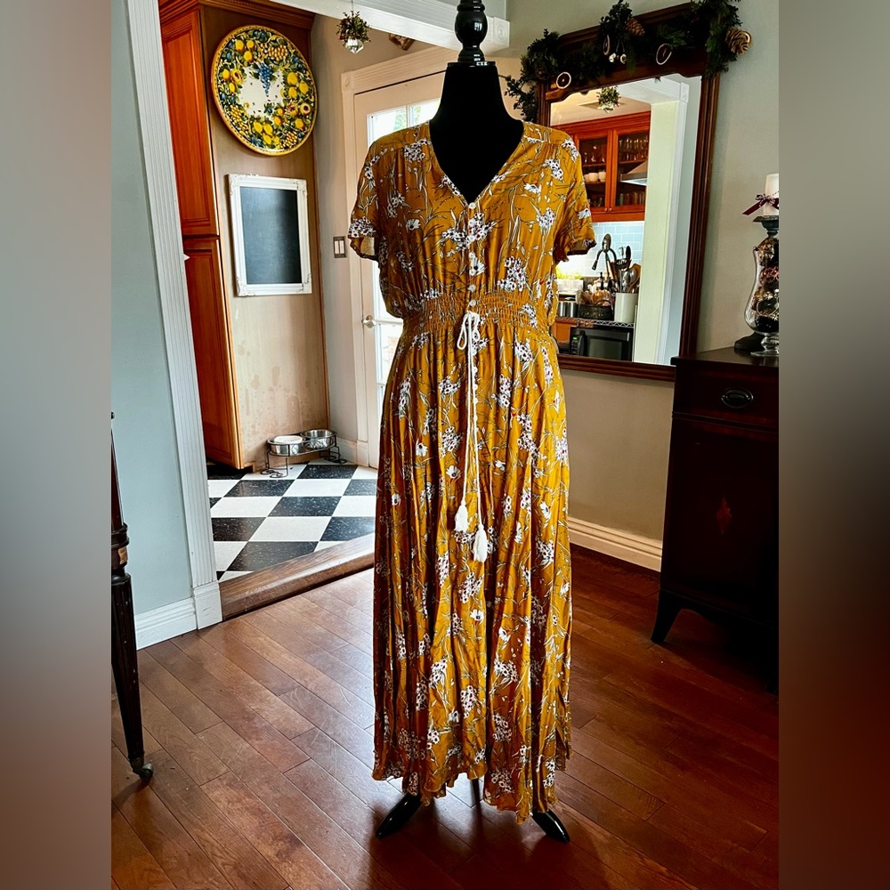 Vintage Boho Mustard Yellow Maxi Dress